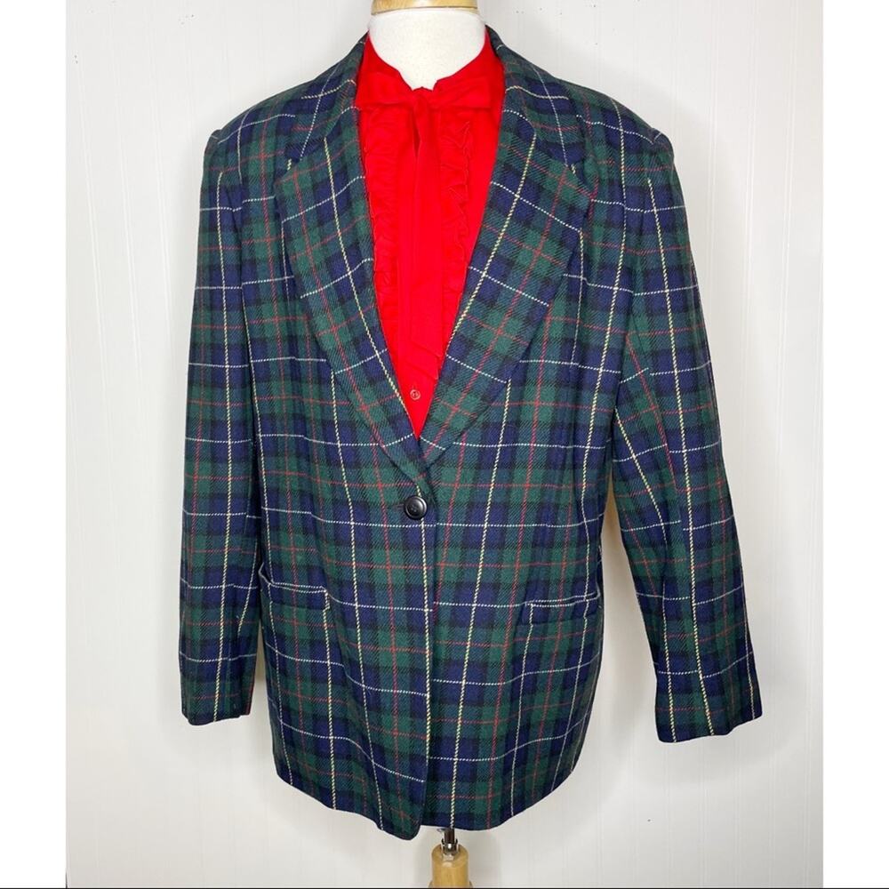 Y2K/2000s White Stag Green Blue Plaid Blazer Wool Blend Lined Women’s 12